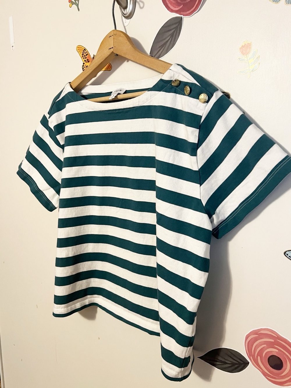J. Crew Striped button-shoulder boatneck tee Green and White L